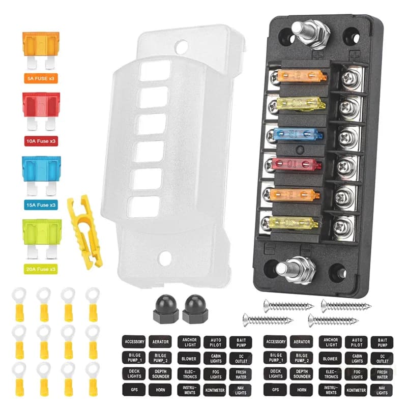 Portafusibili per auto a 6 vie da 12 V con sbarramento negativo - Scatola standard ATC/ATO con etichetta adesiva e copertura impermeabile