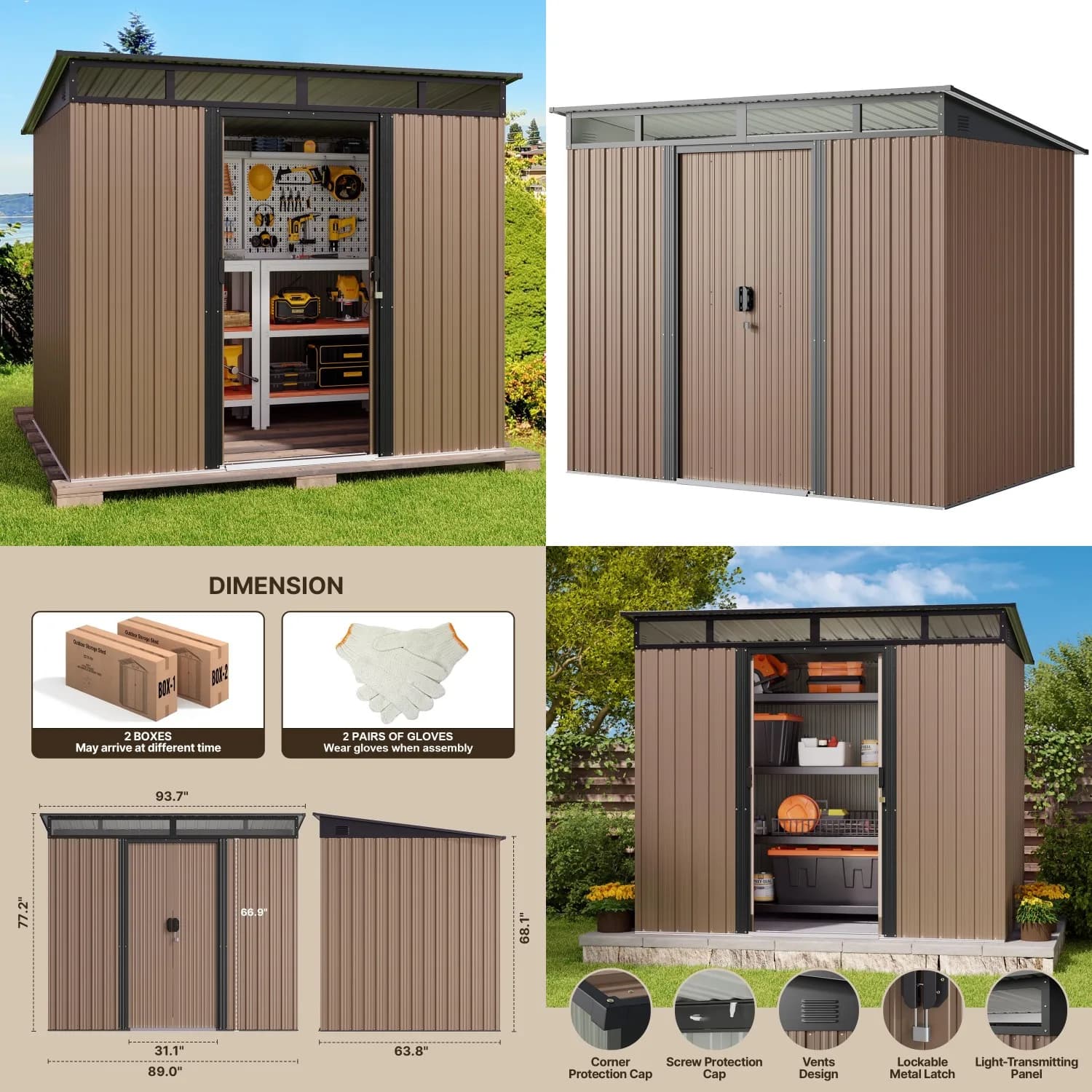 Casetta da Giardino in Metallo 7.4x5.3ft con Porta Scorrevole Lucchettabile, per Attrezzi e Biciclette, Finestra Trasparente, Marrone Chiaro, Personalizzabile