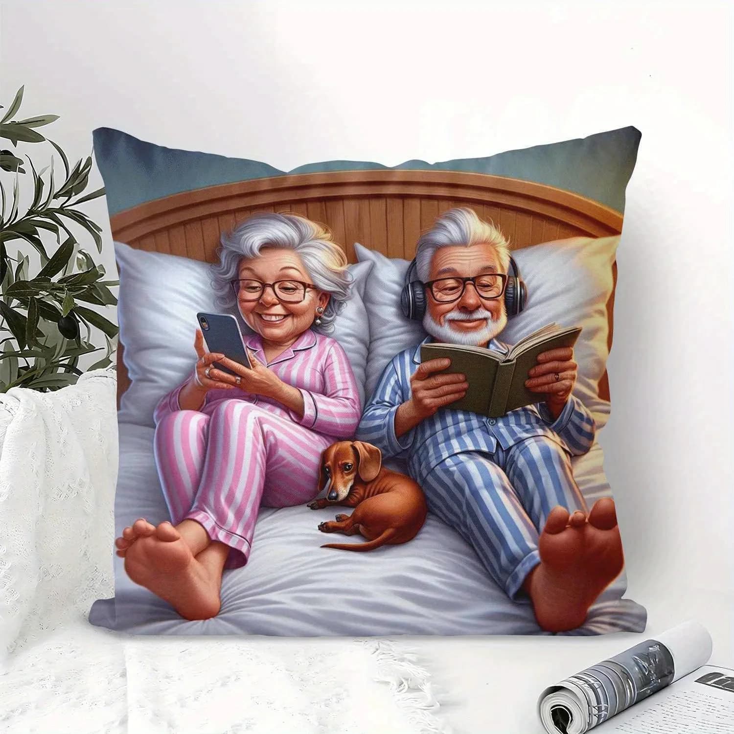 Federa per cuscino bifacciale con stampa 2D di una coppia di anziani e un cane, 1 federa decorativa con personaggi dei cartoni animati per divano, letto
