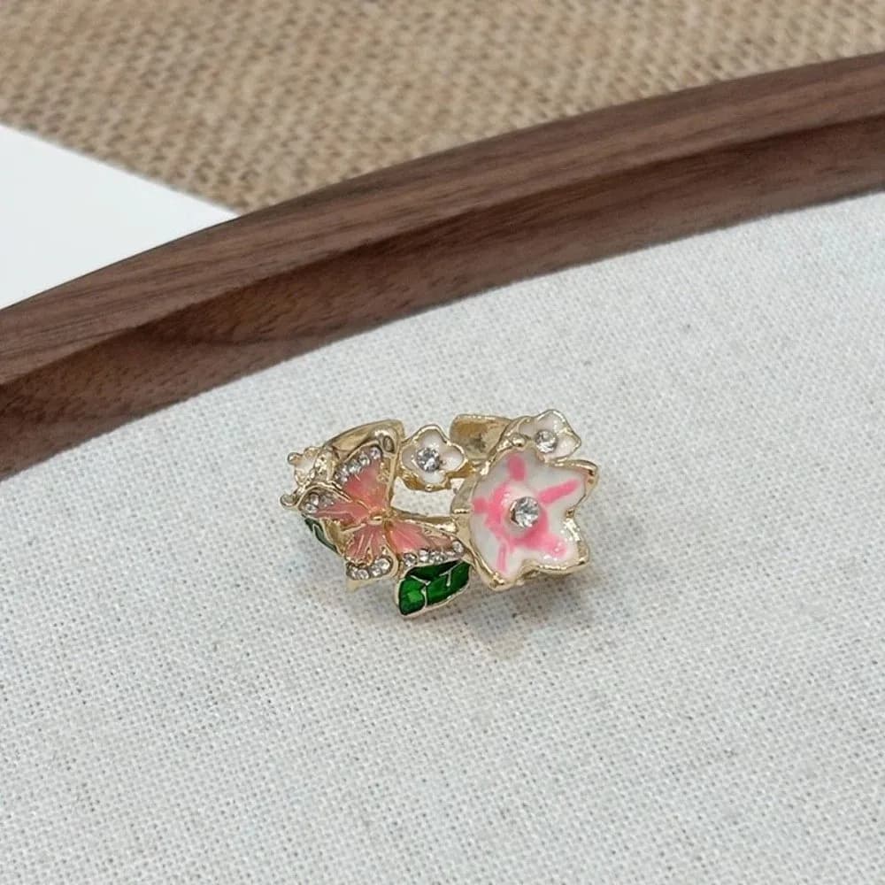 Fashion Elegant Butterfly Ring Light Luxury Flower Opening Finger Ring Leaves Oil Dripping Finger Jewelry Ladies Jewelry
