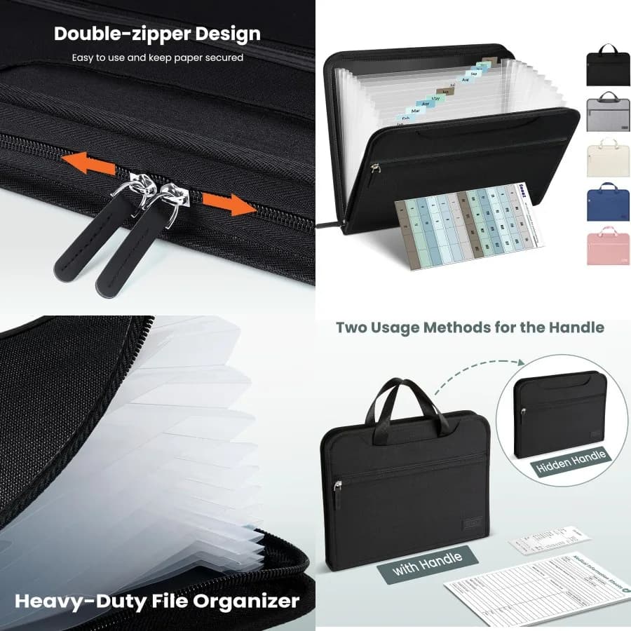 Sooez Organizzatore di file per fisarmonica resistente con manico nascosto Cartelle di file espandibili portatili a 12 tasche per idea in formato lettera/A4