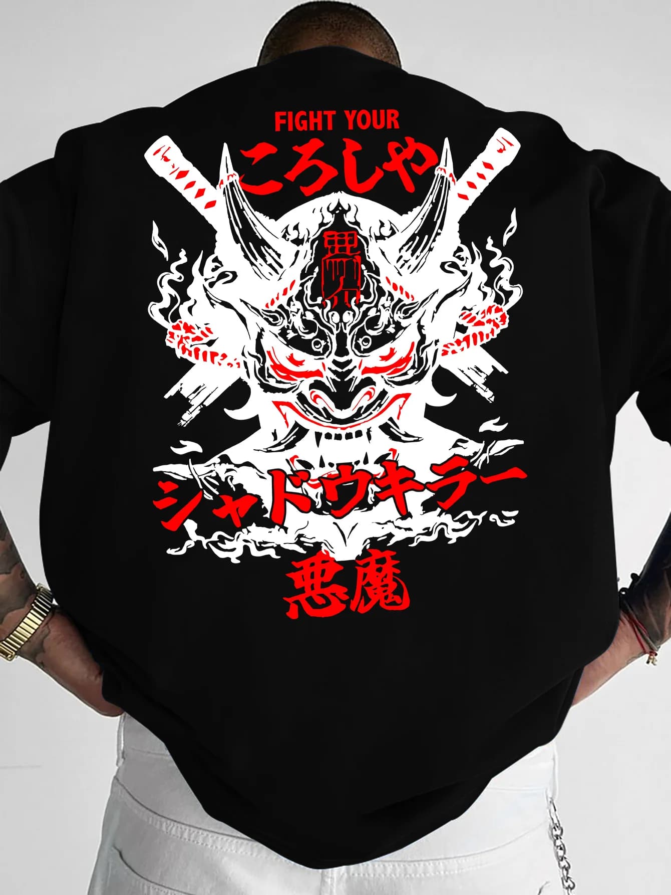 Men's Japanese Oni Demon Print T-shirt Oversized 100% Polyester Samurai Streetwear Graphic Tops S-XXL