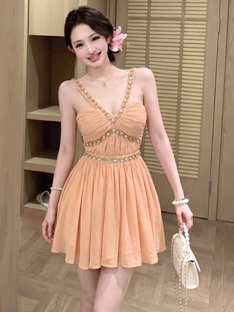 Elegant Diamond Embellished Slim Fit V-Neck Dress High Waist Pleated Short Skirt French Style Casual Wear All Seasons