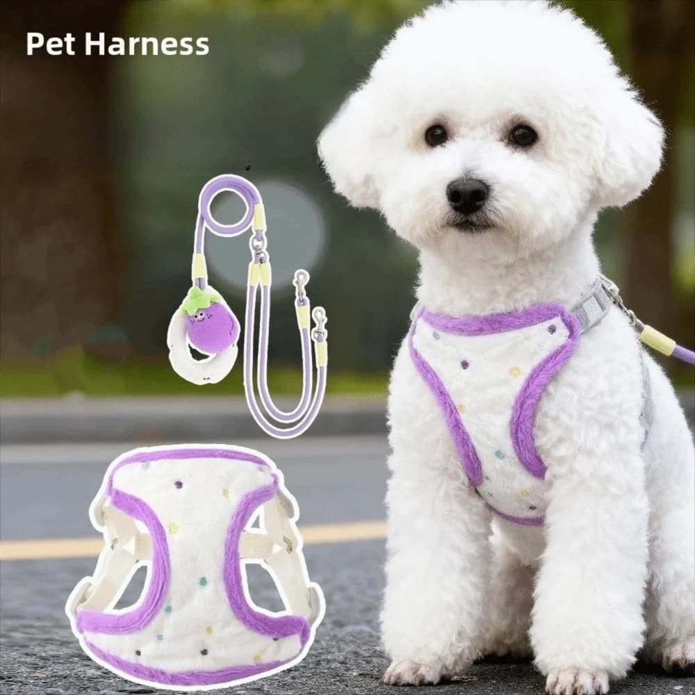 Pettorina per cani a doppio guinzaglio con motivo a cartone animato, imbottitura morbida, rete traspirante, gilet in peluche per cuccioli, borsa portaoggetti a forma di patella, per passeggiate con cuccioli