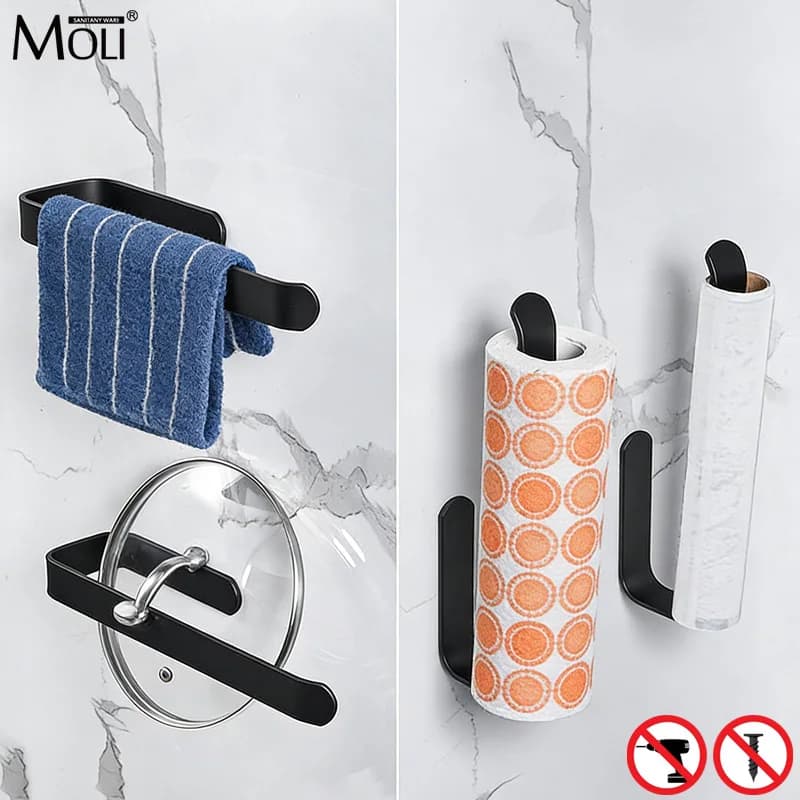 MOLI Nero Bianco Porta carta da cucina autoadesivo Portarotolo di carta igienica Portarotolo da cucina Portarotolo per fazzoletti Organizzatore AlluminioML65B-1