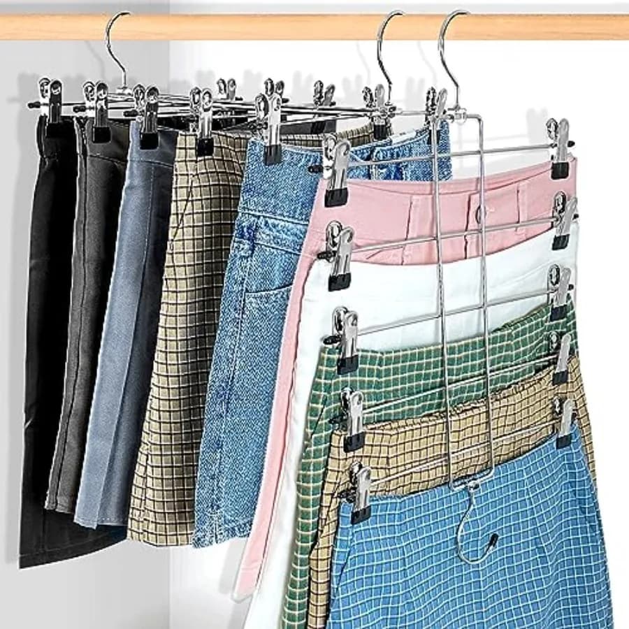 Appendiabiti salvaspazio a 3 livelli per gonne e pantaloni con clip, organizer per armadio a 5 livelli e appendiabiti salvaspazio per vestiti