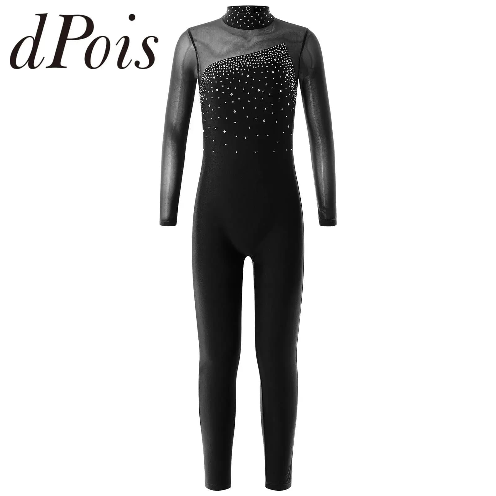 Tute da ginnastica per adolescenti Bambini Body da pattinaggio su ghiaccio con strass lucidi per ragazze Body da ginnastica per danza classica a maniche lunghe