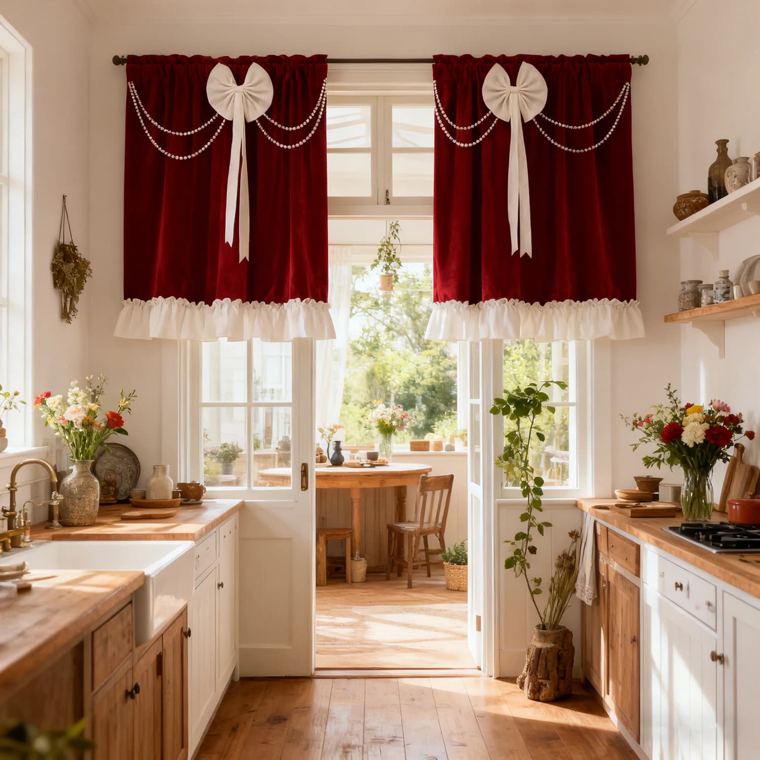 1 Pezzo Tenda Corta Classica Olandese in Velluto Rosso con Fiocco per Finestra Piccola, Studio, Ingresso, Caffetteria, Decorazione Casa # E