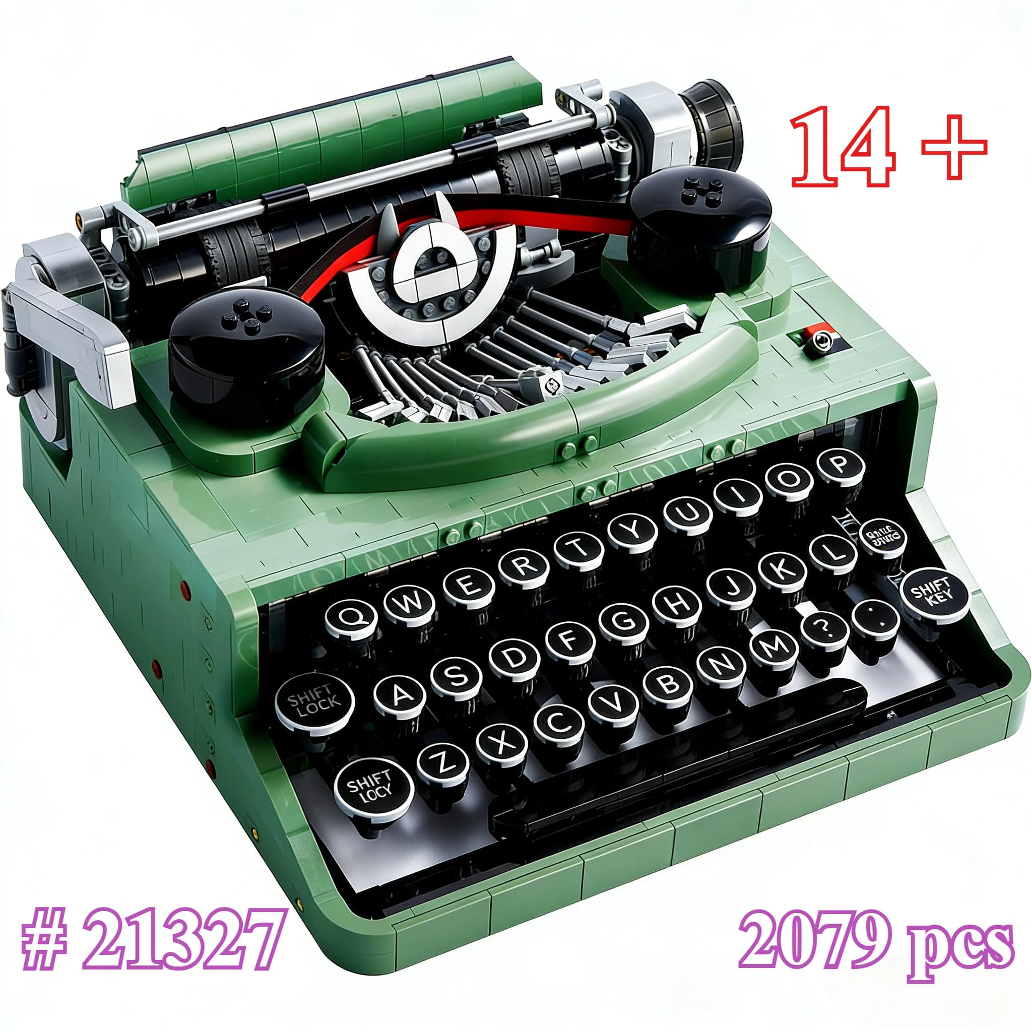 Set di blocchi da costruzione vintage classici a forma di macchina da scrivere verde 21327, adatti come regali di compleanno, compatibili con le particelle Lego, 2079 pezzi.