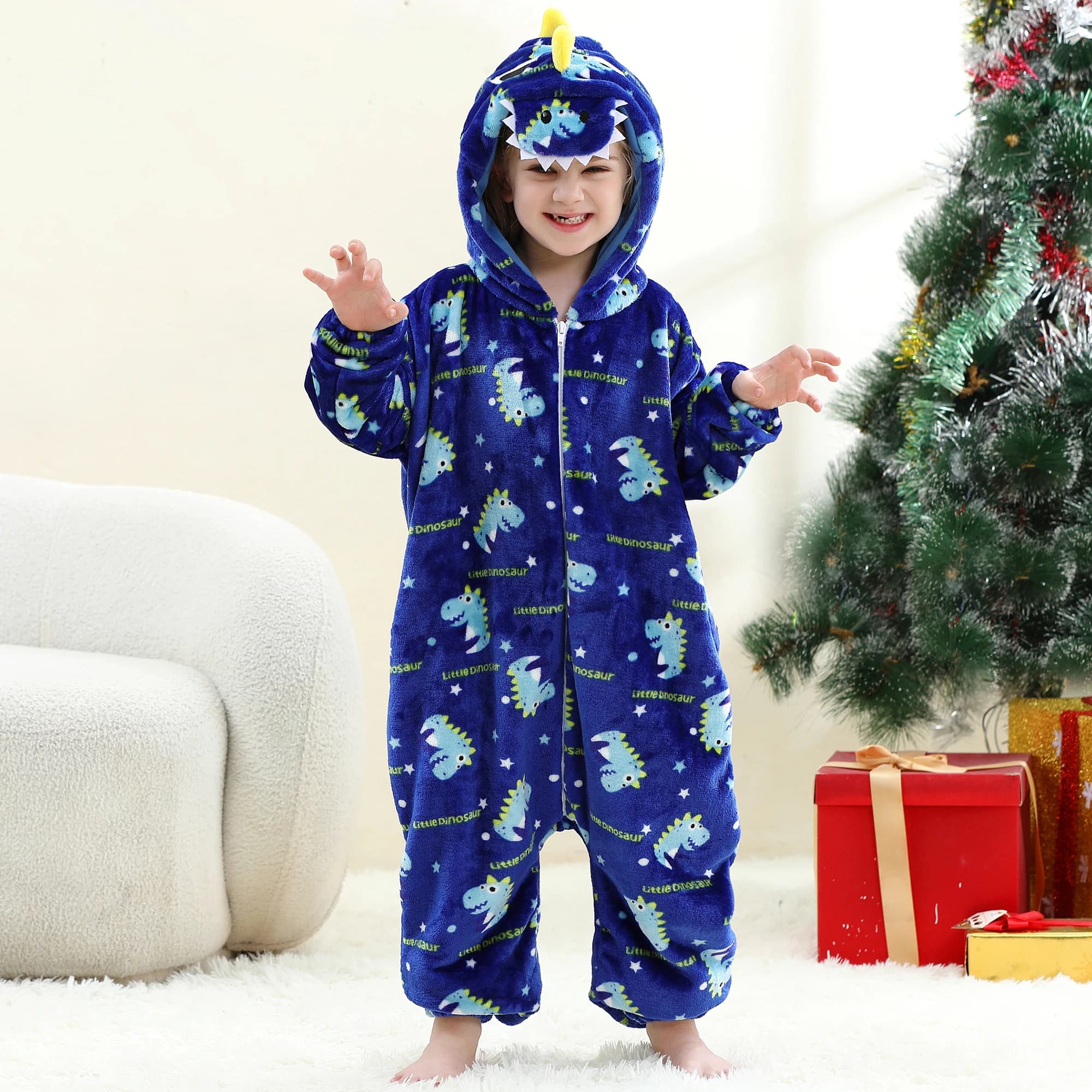 MICHLEY Dinosaur Flannel Blanket Sleepers Onesie Hooded Pajamas 3-12T Kids Costume Clothes Jumpsuit Sleeping Bag For Boys Girls