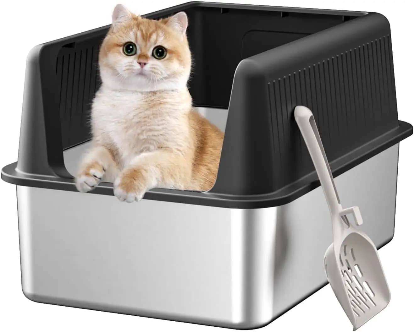 Lettiera per Gatti in Acciaio Inossidabile con Coperchio, XL, 50 cm L x 35 cm L x 30 cm H Profonda, Lettiera Grande in Metallo con Bordi Alti