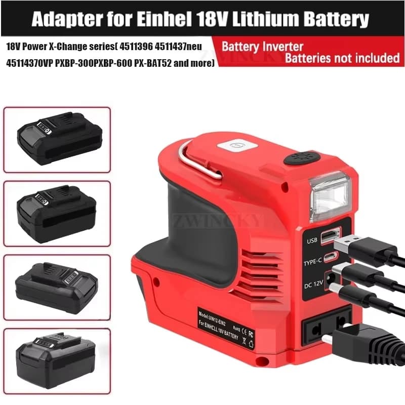 Inverter di Potenza 180W per Batteria Einhell 18V, da DC 20V a AC 210-220V, Spina EU, Alimentatore Portatile, Caricabatterie, Adattatore