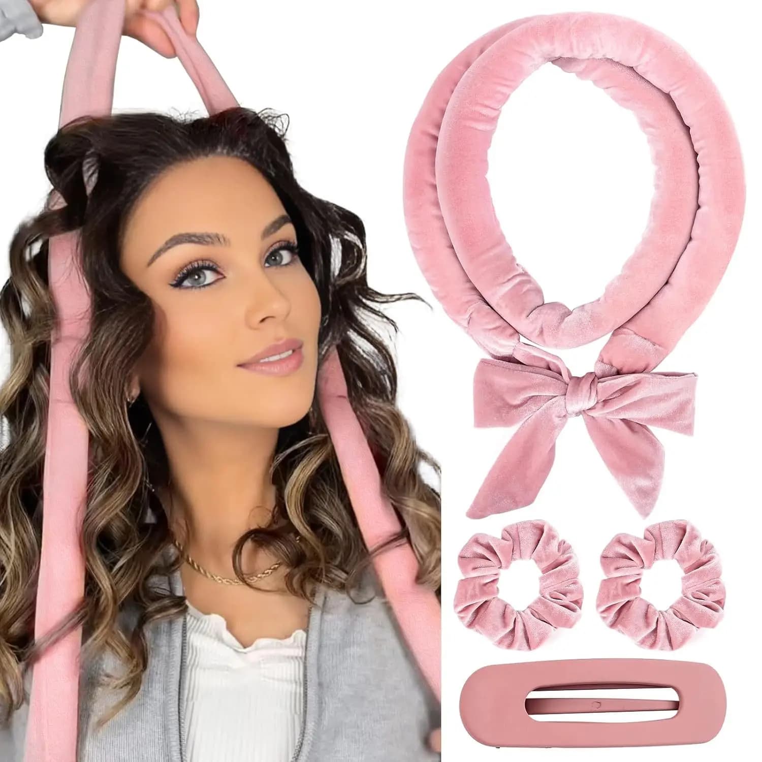 Set di 4 bigodini senza calore per ricci notturni, con elastici per capelli e strumenti per lo styling con clip