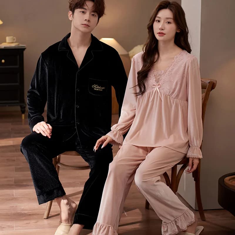 Indumenti da notte in velluto Donna Uomo Top a maniche lunghe Pantaloni Autunno Inverno Coppia Velluto dorato Abiti comodi per la casa
