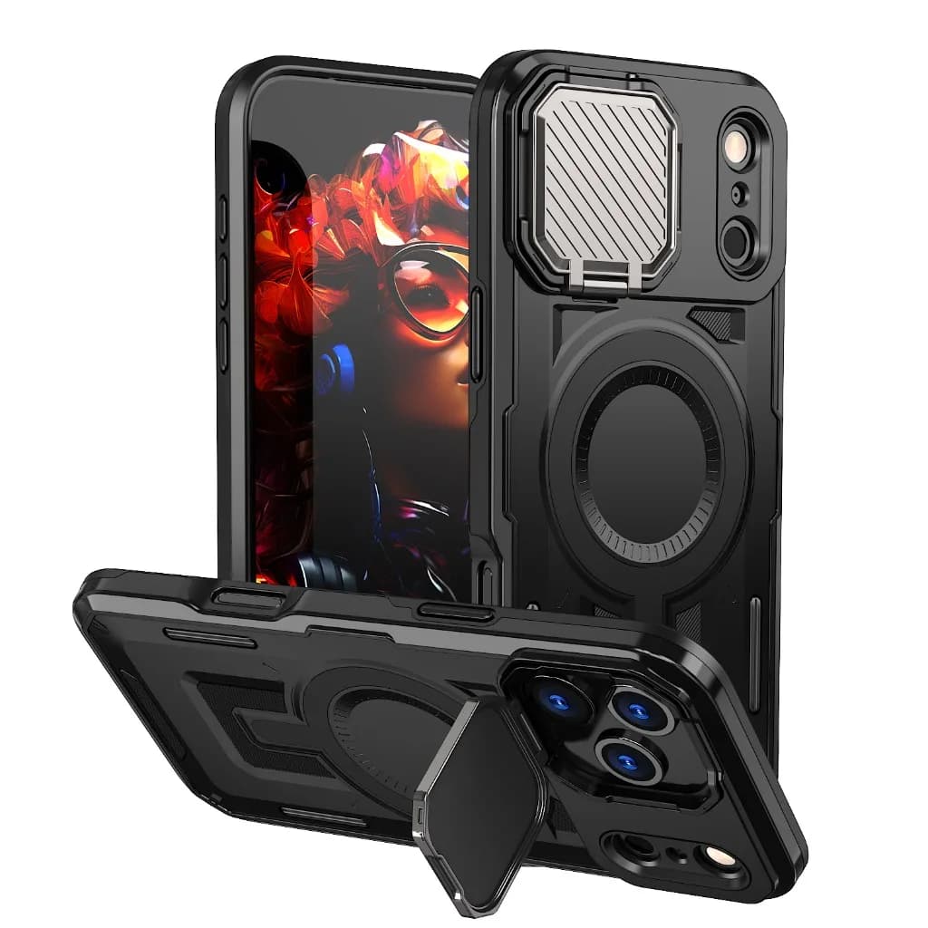 Custodia Magnetica Robusta con Protezione Scorrevole per Fotocamera e Cavalletto per iPhone 17 Pro Max Air 17e 16e 15 14 Plus 13 12 11