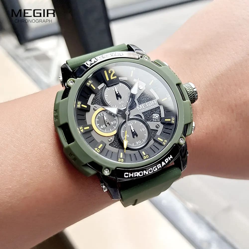 Quartz watch with MEGIR chronograph for men wrist watch with olive green silicone strap with automatic date 3atm waterproof light hands 2208