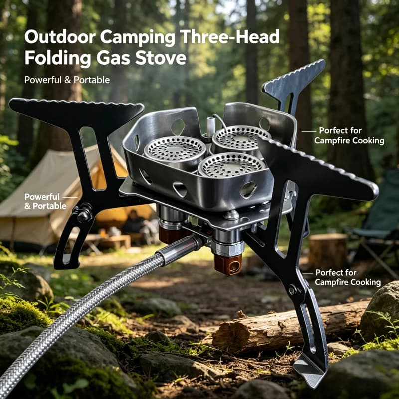 Portable 3-burner gas stove, foldable like a backpack for easy travel, ideal for outdoor hiking camping and picnic cooking