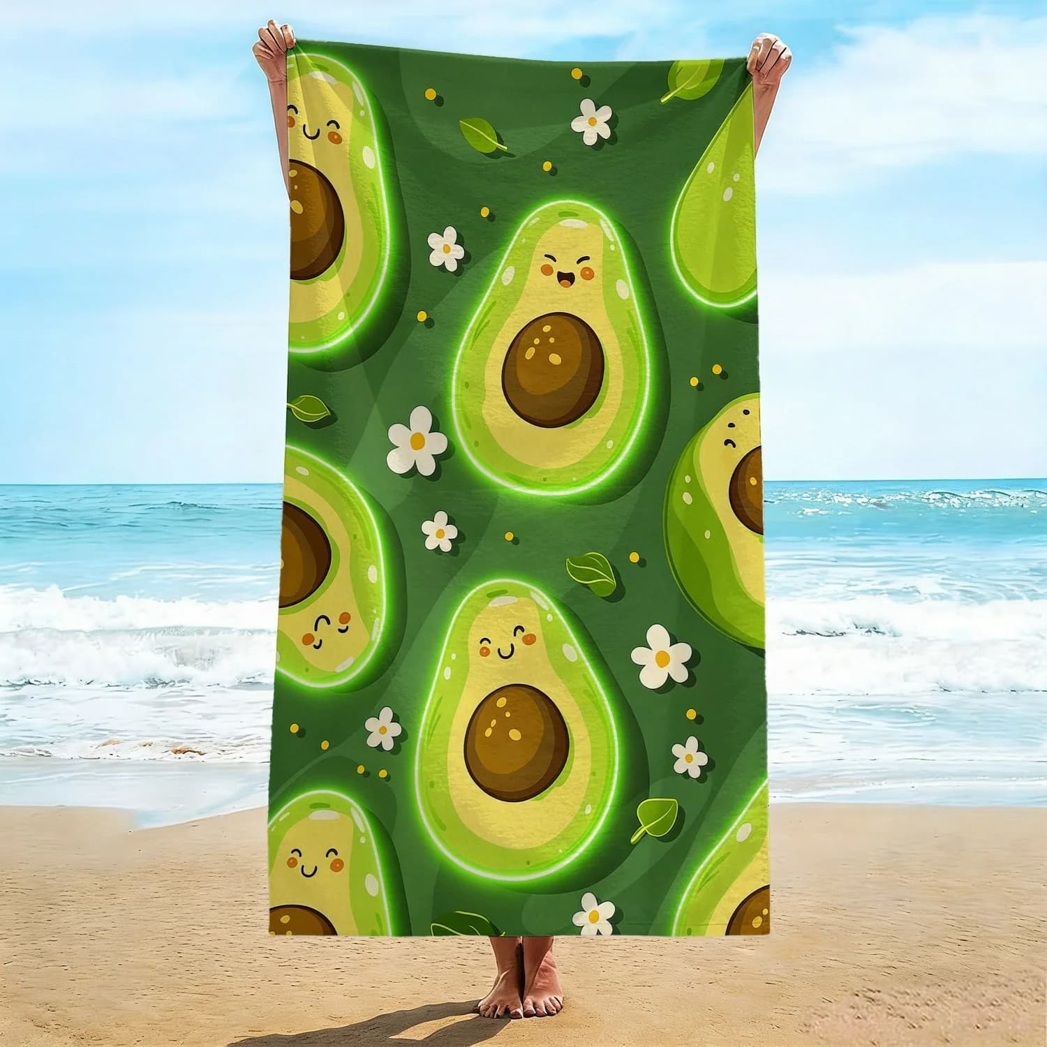 Telo Mare Oversize a Forma di Avocado, Morbido Asciugamano in Microfibra ad Asciugatura Rapida con Stampa Cartoon di Avocado, Grande Coperta da Spiaggia e Piscina