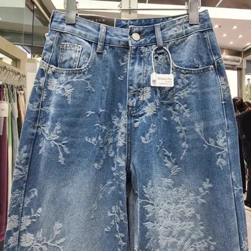 Pantaloni estivi da donna con jeans a gamba larga jacquard di nicchia coreana Nuovo senso del design Pantaloni casual a gamba dritta a vita alta lunghi fino al pavimento