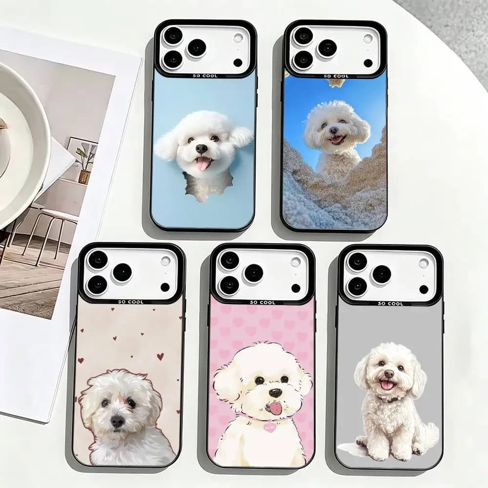 Cute Cartoon Bichon P-Puppy Phone Case For iPhone 17,16,15,14,13,12,11 Plus,Pro Max,XS,Colorful Silver Black Cover