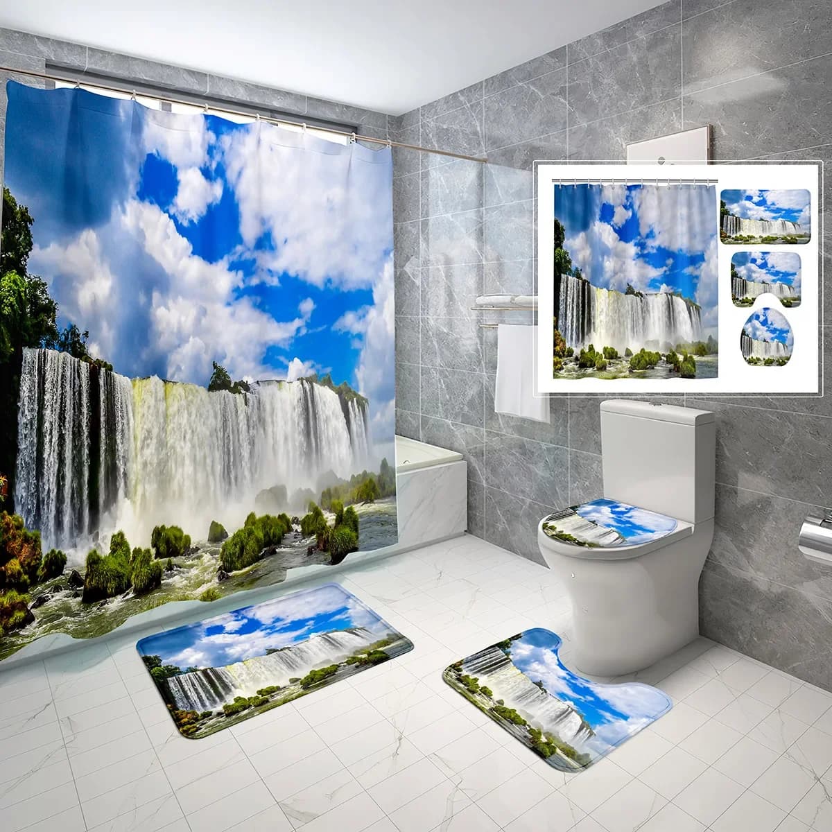 Set Tenda Doccia Cascata Foresta, Tema Montagna e Natura, 4 Pezzi: Tenda Doccia, Tappetino Bagno Antiscivolo, Copri WC