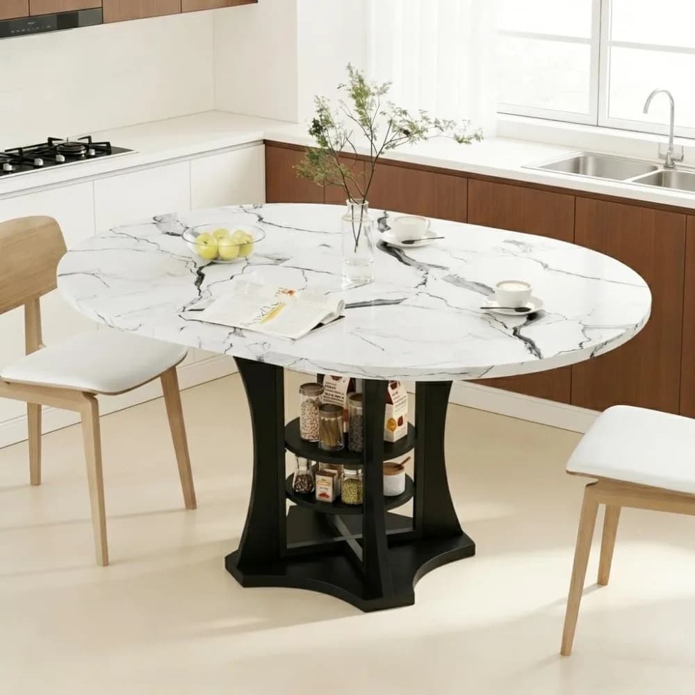Tavolo da Pranzo Allungabile 43"-59" per 4-6 Persone, Tavolo Rotondo Bianco Effetto Marmo per Cucina e Sala da Pranzo con 2 Ripiani, Personalizzabile