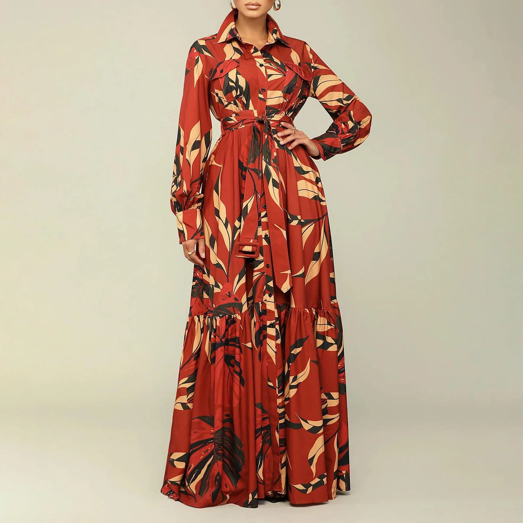Fashionable Printed Long Sleeve Shirt Dress Women's High Waist A-Line Skirt Long Dress Cross-Border Spring Autumn Turn-down C...
