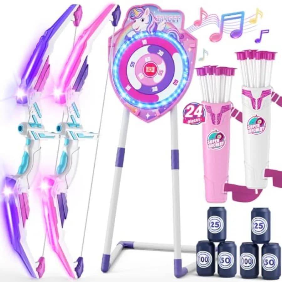 Set da tiro con l'arco per bambini da interno ed esterno: arco e frecce a LED a forma di unicorno, in plastica, arcobaleno, bersaglio luminoso al buio con frecce a ventosa
