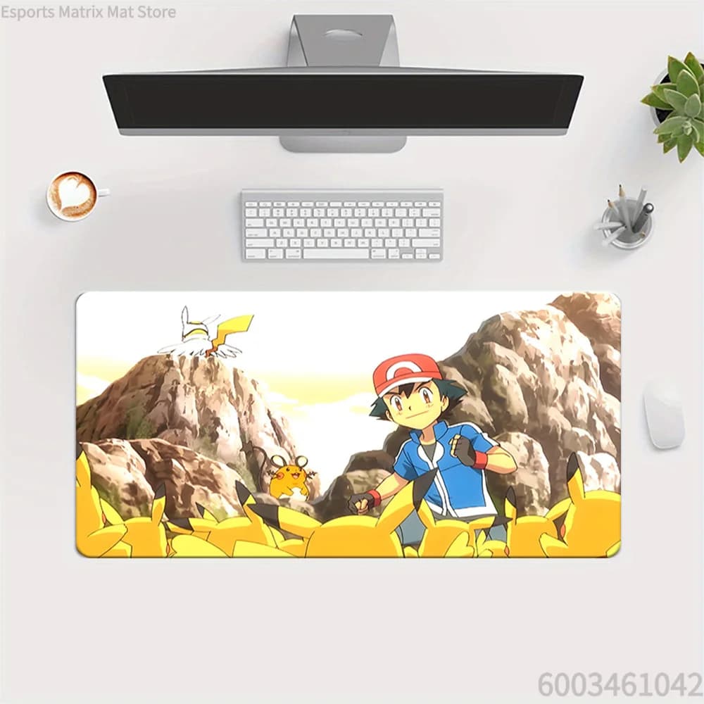 Tappetino per mouse da gioco esteso Pokemon Ash Ketchum con Pikachu Group Anime, tappetino da scrivania grande per PC portatile