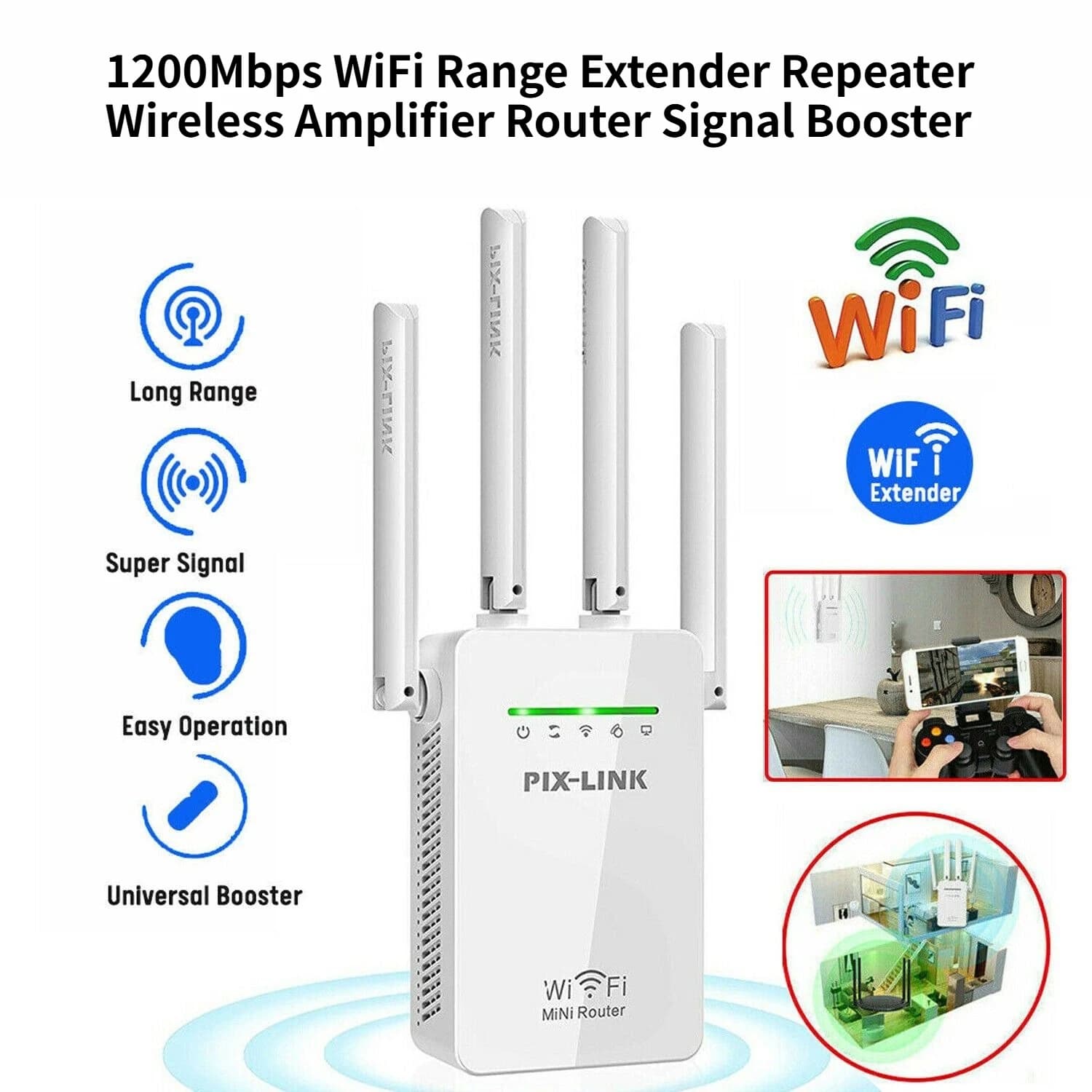 1200Mbps WiFi Range Extender Repeater Wireless Amplifier Router Signal Booster