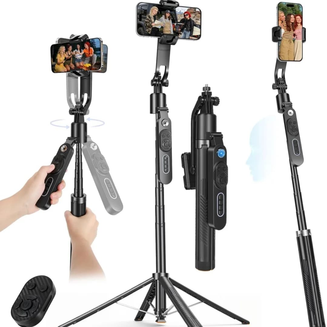 Treppiede per selfie con tracciamento automatico del viso da 1,83 m per iPhone, Android, supporto da viaggio a quattro gambe con apertura automatica, 360° ° Rotazione
