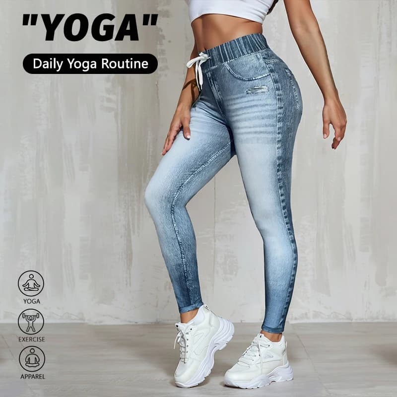 Women's Yoga Leggings with Denim Print, High Life with Coulisse, Distressed Effect, Elasticized, for Training, Running and Leisure