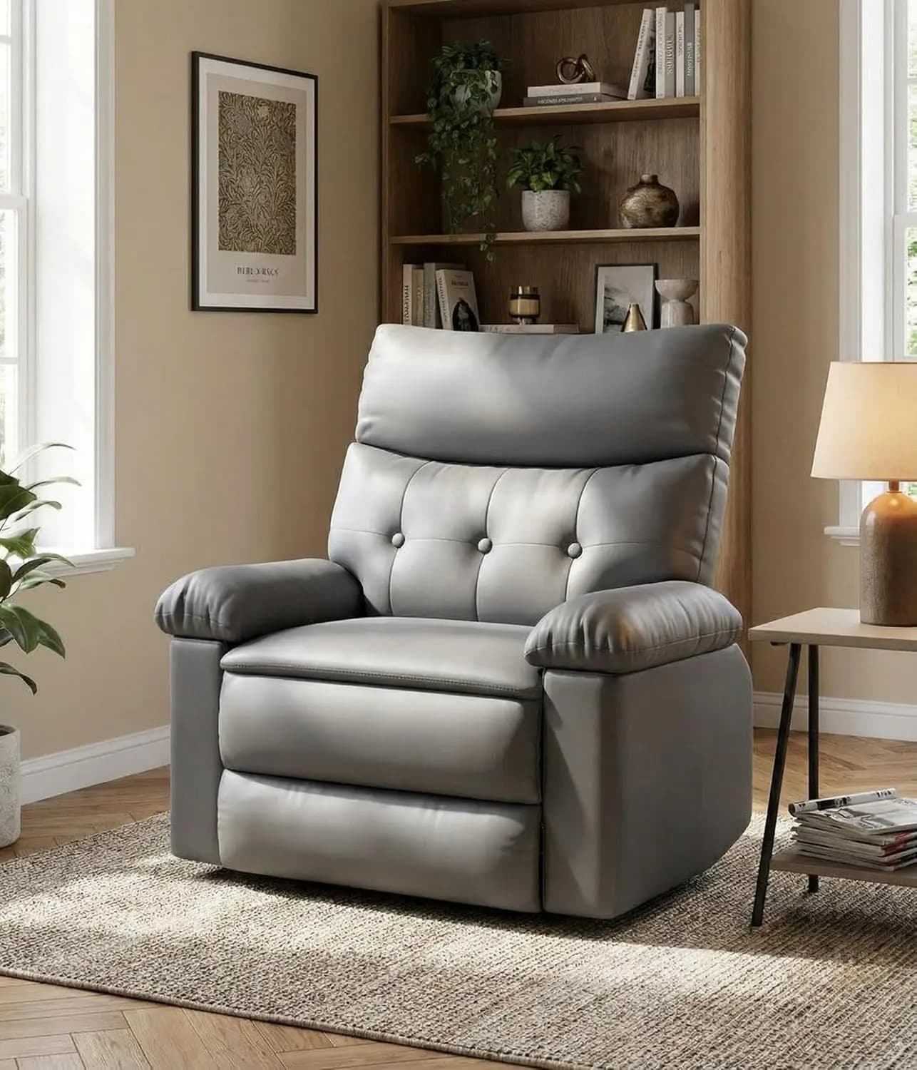 Poltrona Reclinabile Oversize Garvee in Pelle PU, Reclinabile Manuale Extra Larga per Adulti, Poltrona Singola con Braccioli Comfort in Spugna 1.5X, Schienale con Cuscino Spesso, per Soggiorno e Camera da Letto, Grigio