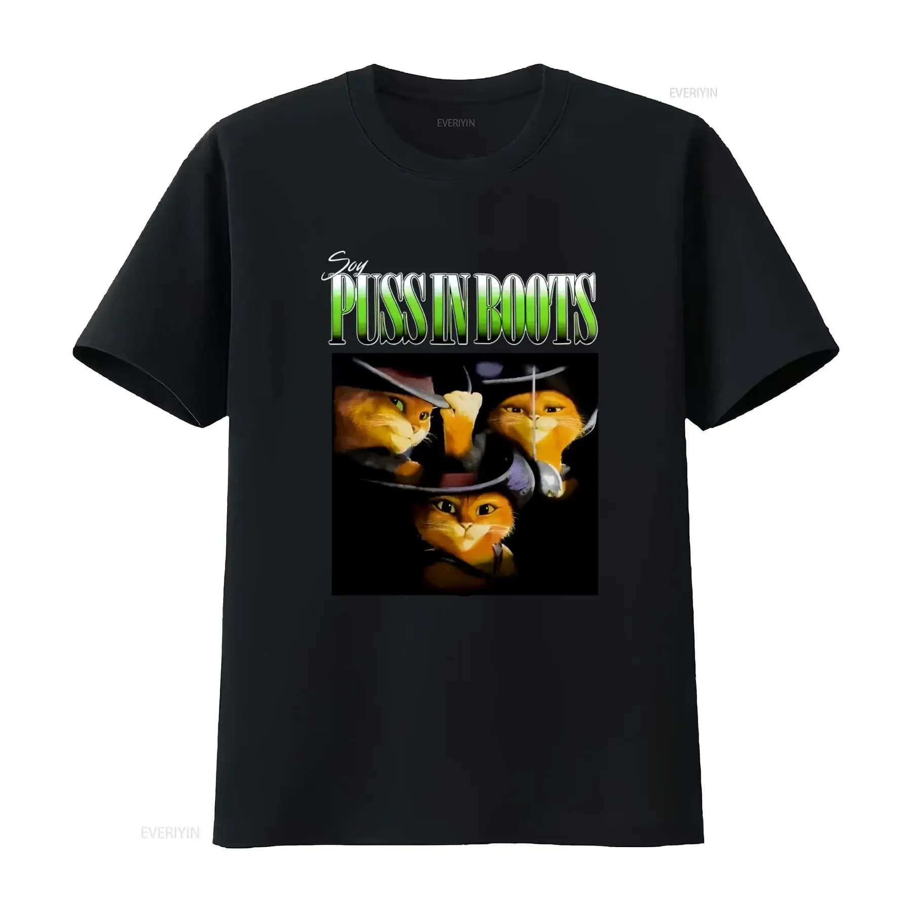 Men's Black Shirt Puss In Boots The Last Wish, New XS, Elegant Design with Print Cat for Lovers, Vintage, Washed, Breathable