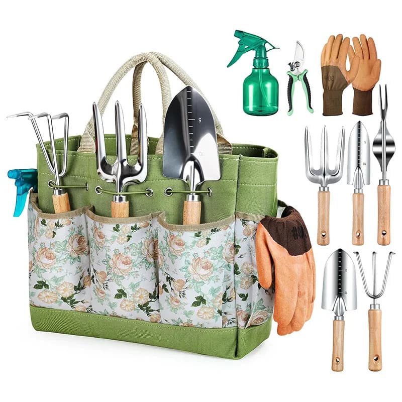 Set di Attrezzi da Giardinaggio con Borsa Portaoggetti, Kit Resistente in Acciaio Inox Include Pala, Rastrello, Potatore, Guanti, Flacone Spray