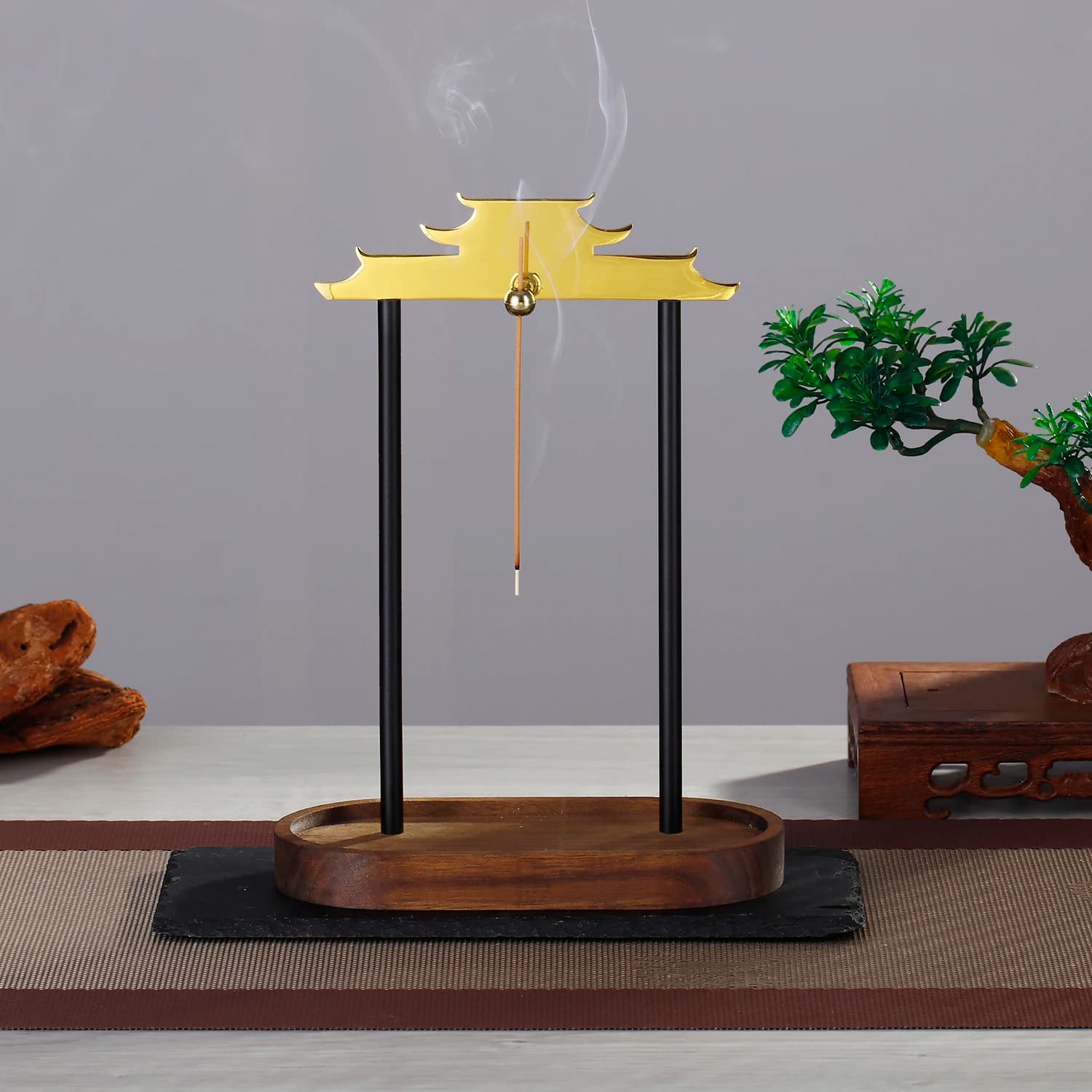 Porta Incenso in Metallo Stile Cinese, Bruciatore di Incenso in Legno con Raccogli Ceneri, Supporto per Bastoncini di Incenso per Yoga, Meditazione e Arredamento Casa