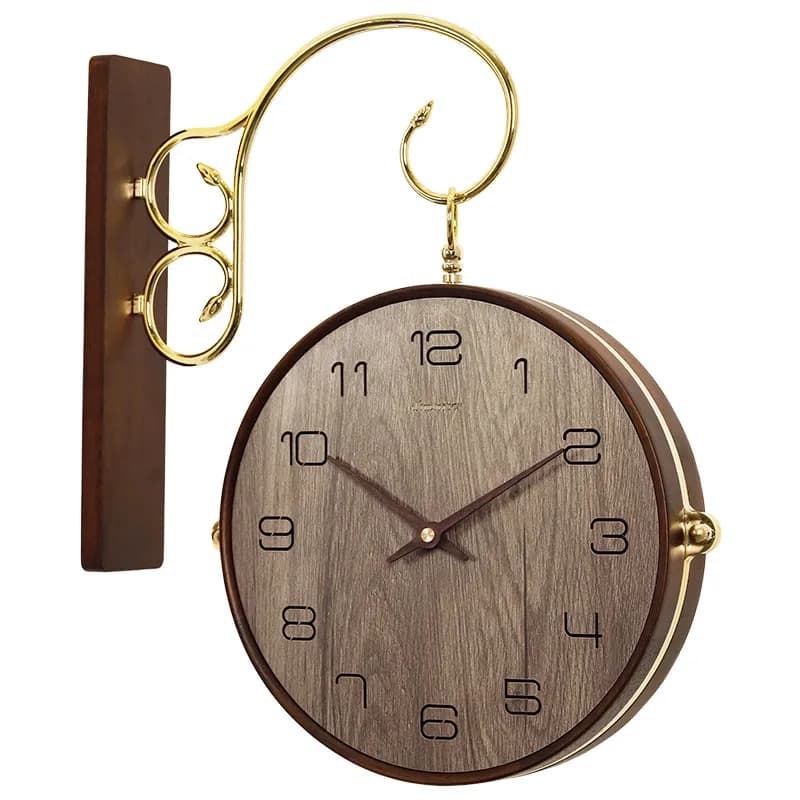 Orologio moderno e semplice a doppia faccia, orologio da parete in legno massello di noce per soggiorno