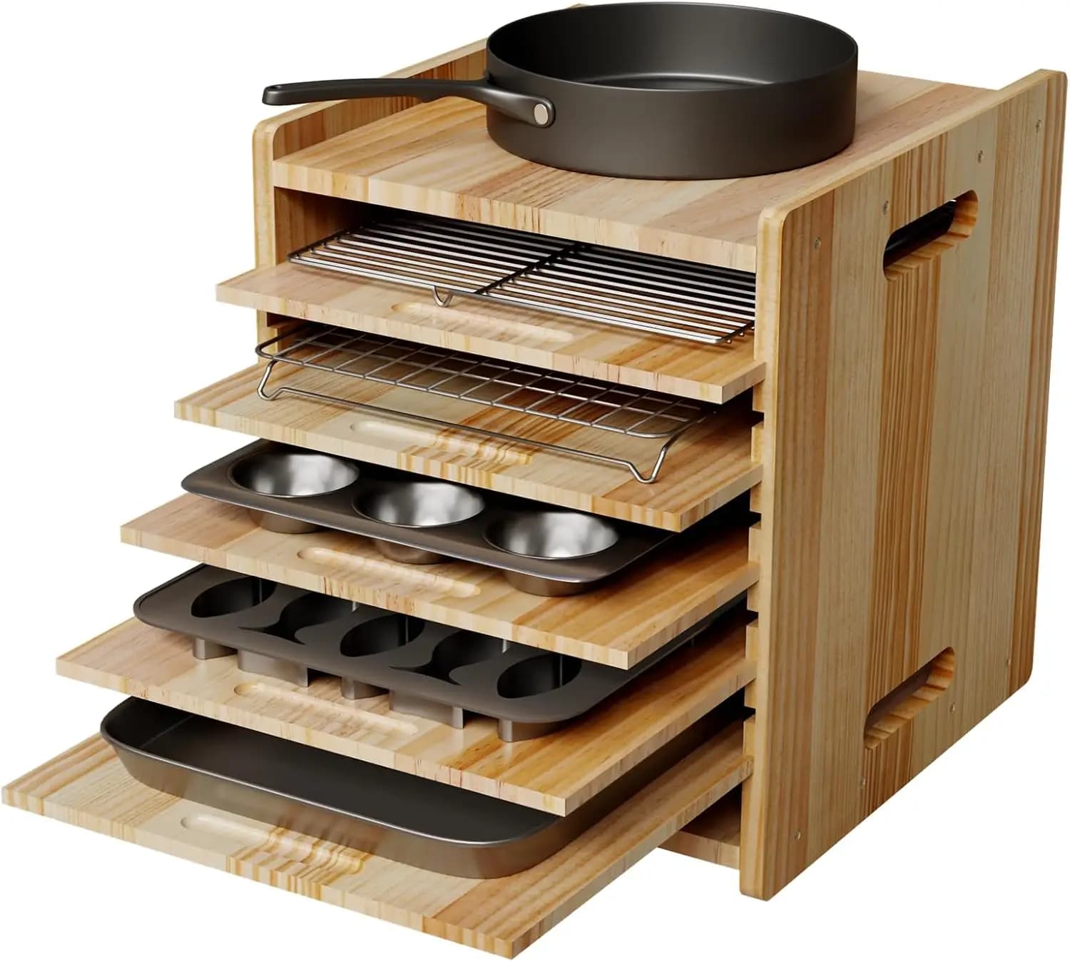 7 Tier Cookie Sheet Organizer for Cabinet, Wooden Baking Pan Rack, Heavy Duty Tray Dividers for Kitchen Storage, Cutting Board & Bakeware Holder