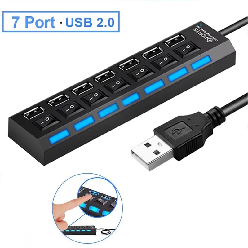 7 Ports USB 2.0 Hub Splitter For PC Notebook MacBook Desk Power Adapter Separate Switch Design Office Home Workstation Supplies
