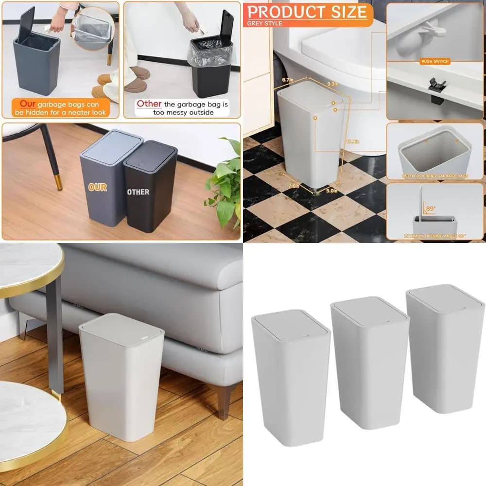 Bidoni della spazzatura sottili grigi in 3 pezzi: bagno da 12 litri, cucina a prova di animali domestici da 3,17 G, cestini per rifiuti rettangolari per casa e ufficio