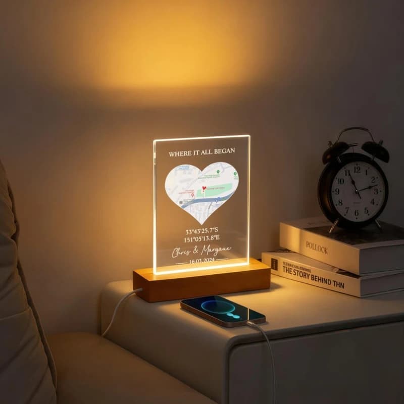 Regalo di San Valentino, Luce LED in Acrilico Personalizzata con Mappa 'Dove Ci Siamo Incontrauti per la Prima Volta', Luce Notturna Romantica Personalizzata per Coppie