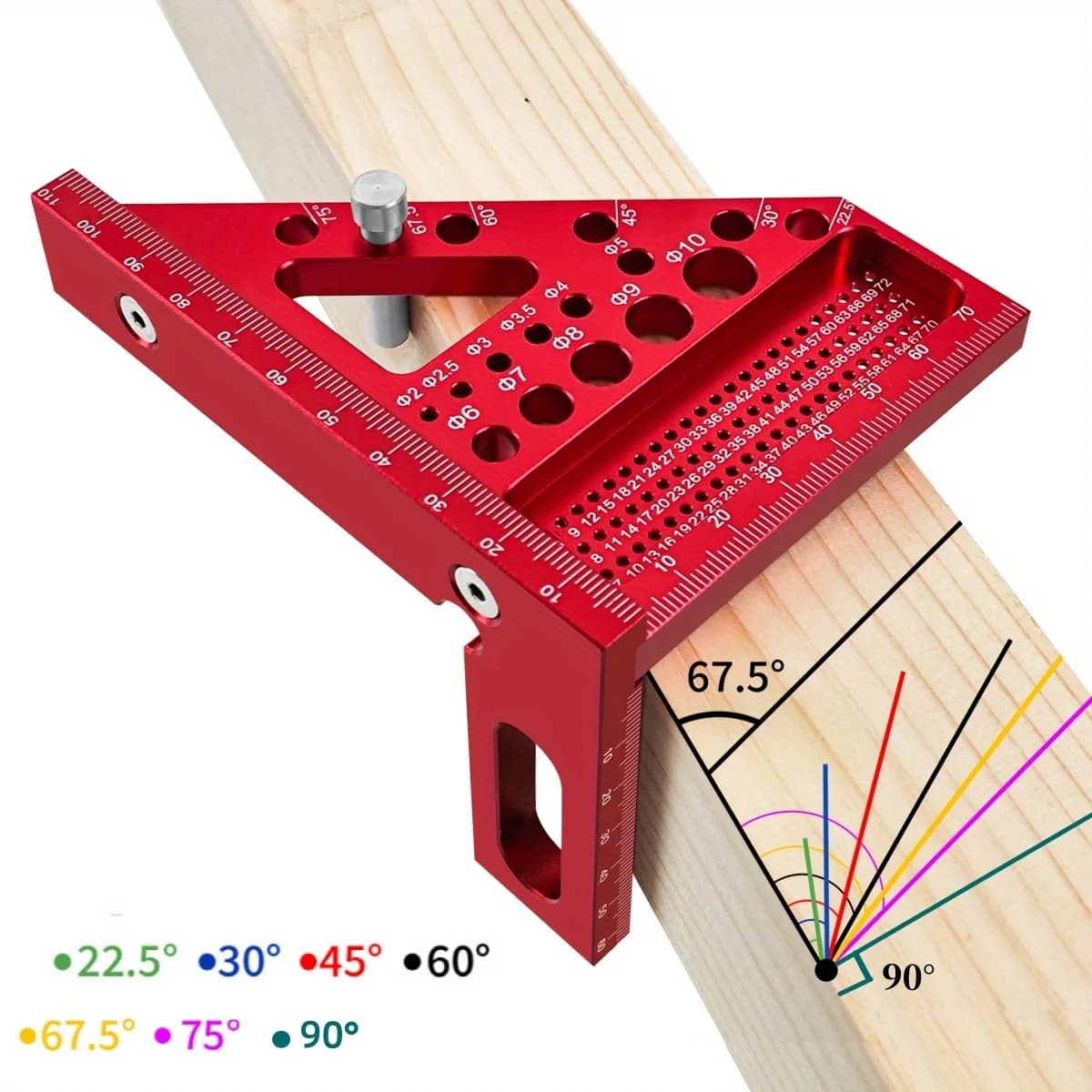 Square Goniometer for woodworking, square for woodworking with centering pins, triangular ruler aluminum alloy, angle track
