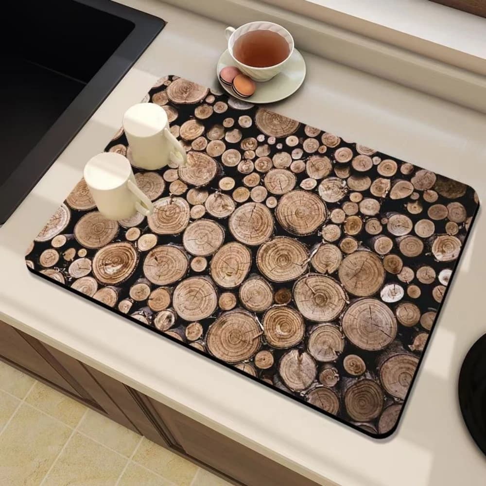 Tree Ring Print Non-slip Fast Absorbent Pad for Dishes Cups Utensils Coffee Maker Decorative Draining Mat