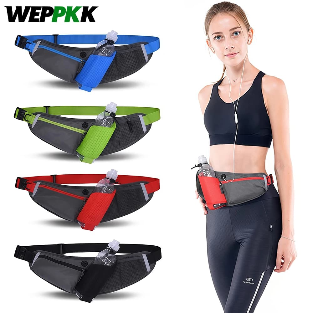 Waist bag with running belt water bottle, reflective bag for hydration with adjustable shoulder strap, running, hiking, walking, camping