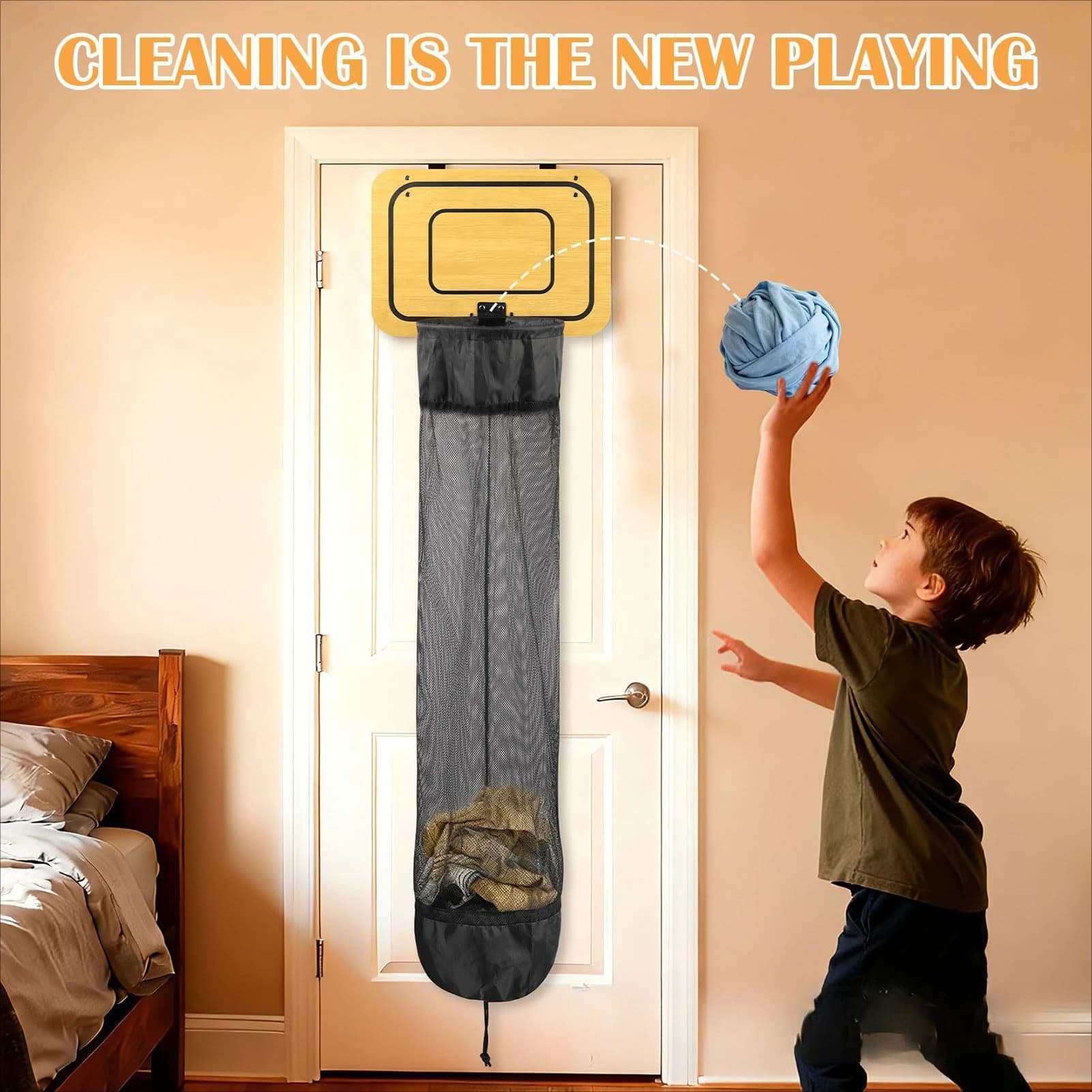 Slam Dunk Your Laundry! Wooden Basketball Hoop Laundry Hamper - Over the Door Dirty Clothes Bag - Fun Sports Decor for Kids Room & Boys Bedroom - Practical Room Organization Gift