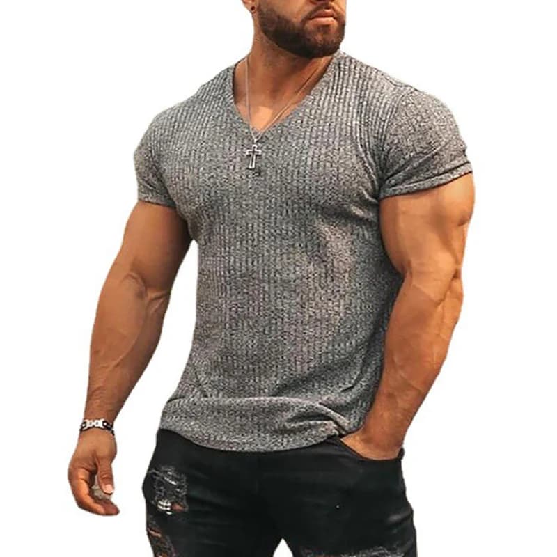 T-shirt da uomo a maniche corte con scollo a V T-shirt sportiva slim fit fitness T-shirt con strisce di moda solide Top Abbigliamento da palestra lavorato a maglia estivo