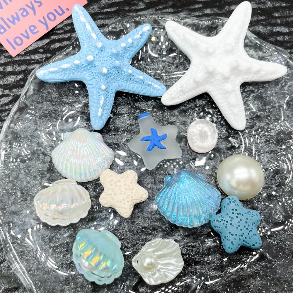 12 Pezzi/Lotto Adesivi Decorativi 3D Fai-da-Te a Forma di Stella Marina e Conchiglia, Accessori in Resina per Custodie Telefono, Fermagli per Capelli e Elastici per Capelli