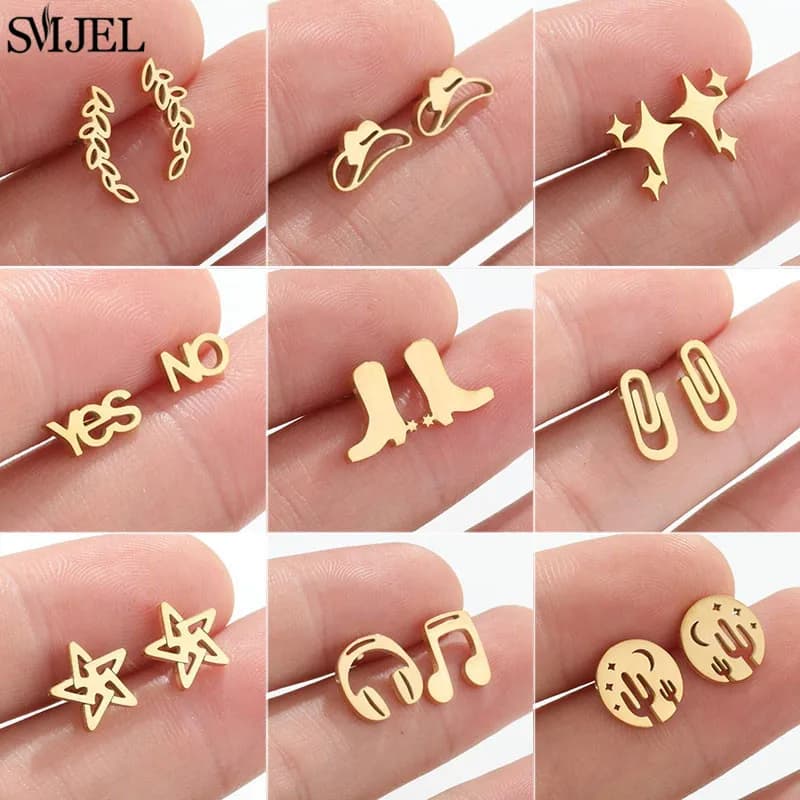 Orecchini a bottone con piercing in acciaio inossidabile alla moda per donne Stivali con foglie Stella Cactus Musica Piccoli orecchini Orecchini a bottone con cartilagine per ragazze