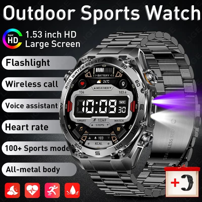 Smartwatch Militare LIGE in Metallo, Batteria 1000mAh, Cardiofrequenzimetro, Torcia, Impermeabile, Chiamate Bluetooth, per Uomo