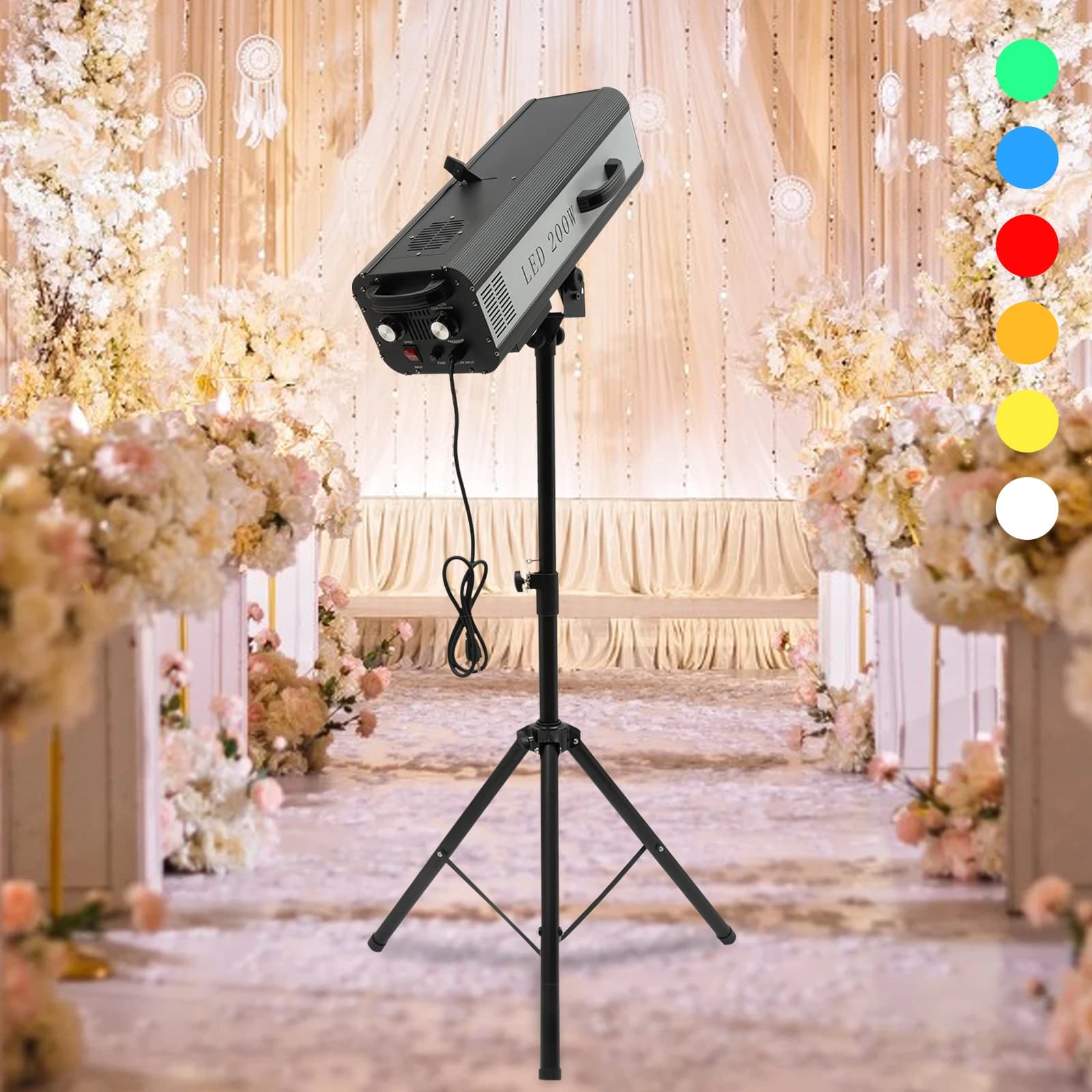 Faretto LED da 200 W con controllo manuale 110 V, 6 colori, gamma 32,8-65,6 piedi, treppiede pieghevole per illuminazione da palcoscenico/matrimonio/festa all'aperto